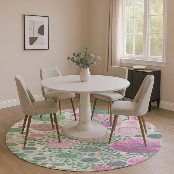Addison Rugs Mayfield Premium Machine Washable Transitional Geometric Green Round Rug, 8' x 8'