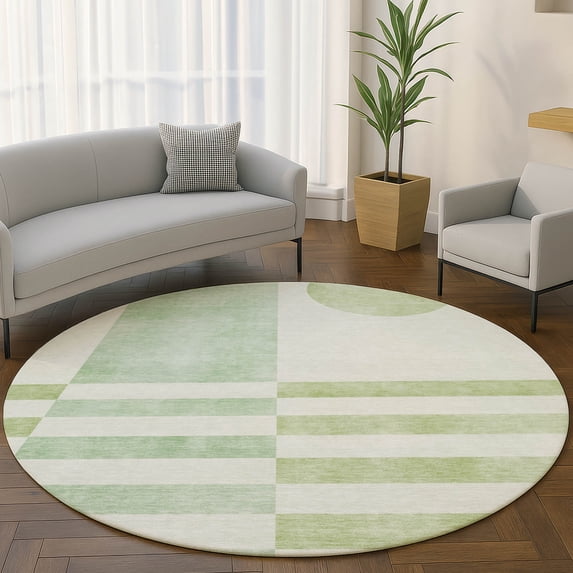 Addison Rugs Mayfield Premium Machine Washable Transitional Geometric Green Round Rug, 8' x 8'