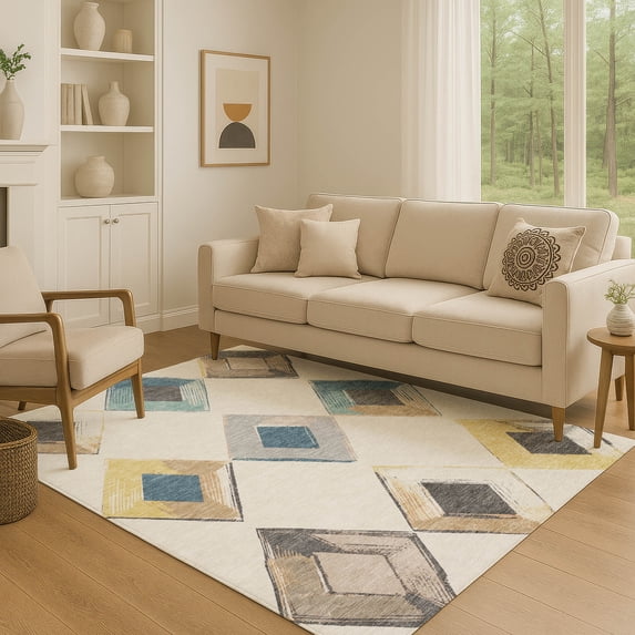 Addison Rugs Mayfield Premium Machine Washable Transitional Geometric Ivory Rectangle Rug, 2'6" x 3'10"