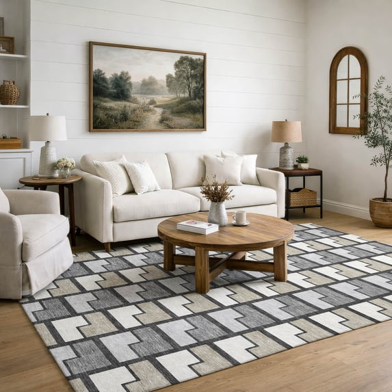 Addison Rugs Mayfield Premium Machine Washable Transitional Geometric Ivory Rectangle Rug, 9' x 12'