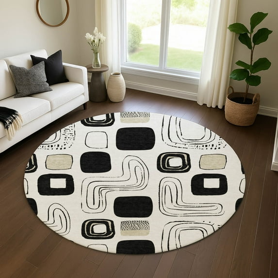 Addison Rugs Mayfield Premium Machine Washable Transitional Geometric Ivory Round Rug, 8' X 8' Machine Washable Transitional Geometric Ivory Oversized Sherpa Throw Blanket