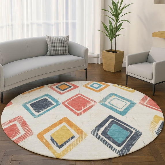 Addison Rugs Mayfield Premium Machine Washable Transitional Geometric Ivory Round Rug, 8' x 8'