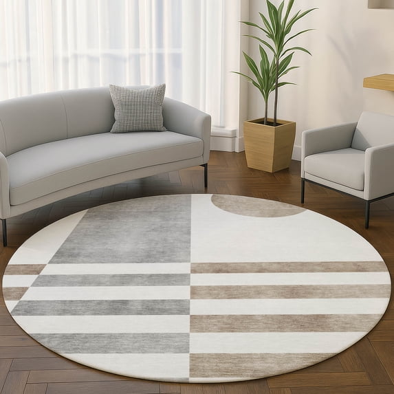 Addison Rugs Mayfield Premium Machine Washable Transitional Geometric Ivory Round Rug, 8' x 8'