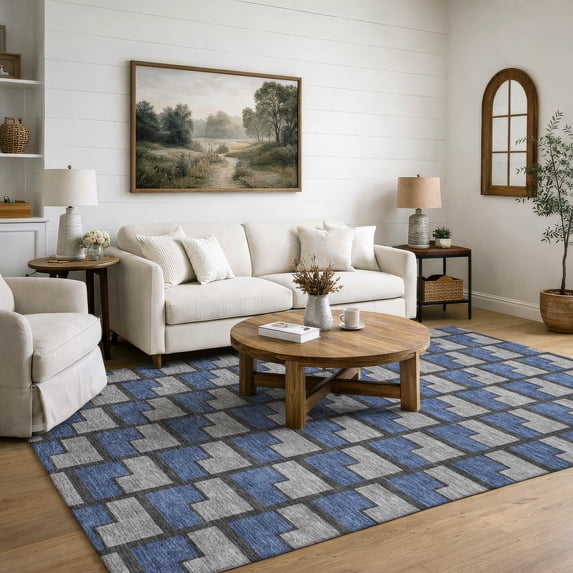 Addison Rugs Mayfield Premium Machine Washable Transitional Geometric Navy Rectangle Rug, 10' x 14'