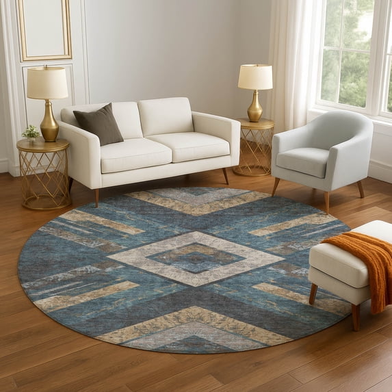 Addison Rugs Mayfield Premium Machine Washable Transitional Geometric Navy Round Rug, 8' x 8'