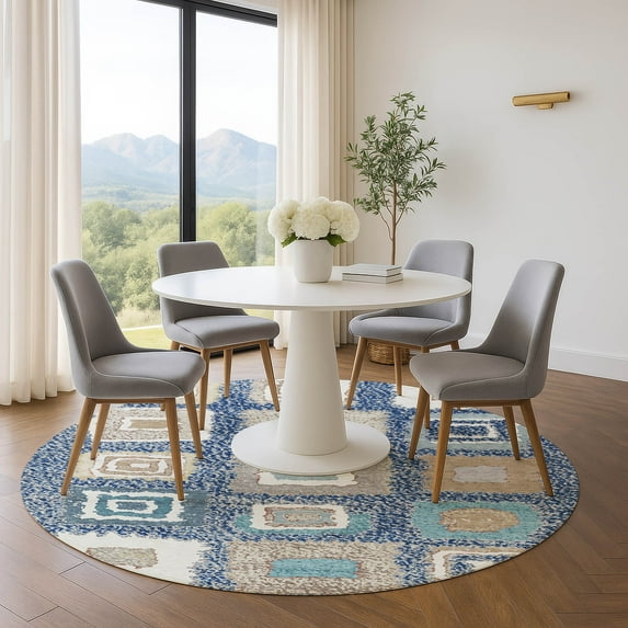 Addison Rugs Mayfield Premium Machine Washable Transitional Geometric Navy Round Rug, 8' x 8'