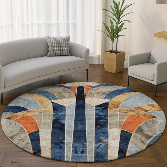 Addison Rugs Mayfield Premium Machine Washable Transitional Geometric Navy Round Rug, 8' x 8'