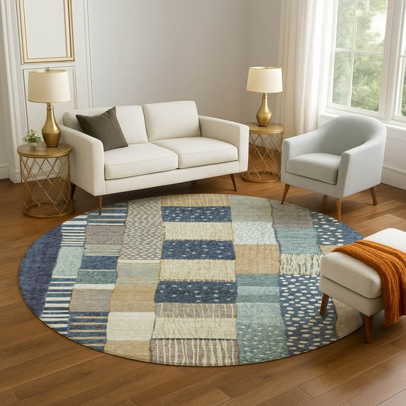 Addison Rugs Mayfield Premium Machine Washable Transitional Geometric Navy Round Rug, 8' x 8'