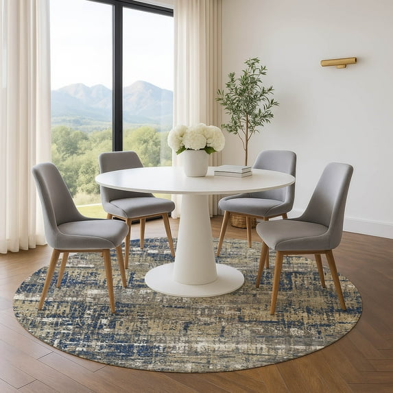 Addison Rugs Mayfield Premium Machine Washable Transitional Geometric Navy Round Rug, 8' x 8'