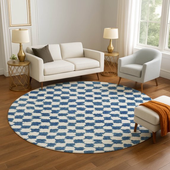 Addison Rugs Mayfield Premium Machine Washable Transitional Geometric Navy Round Rug, 8' x 8'