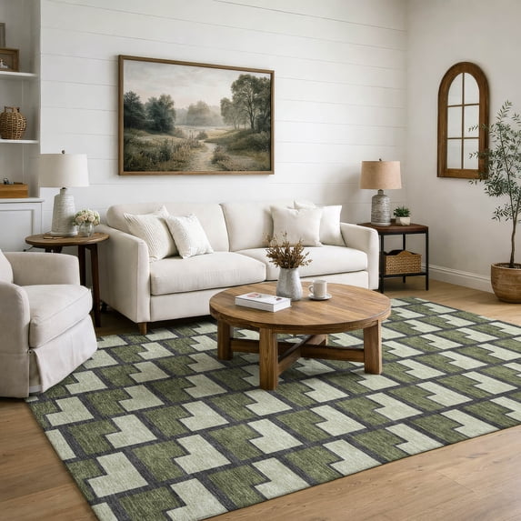 Addison Rugs Mayfield Premium Machine Washable Transitional Geometric Olive Rectangle Rug, 10' x 14'