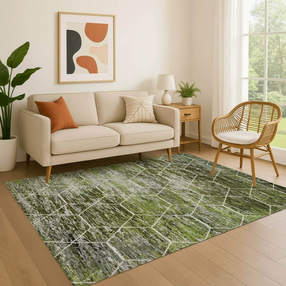 Addison Rugs Mayfield Premium Machine Washable Transitional Geometric Olive Rectangle Rug, 9' x 12'