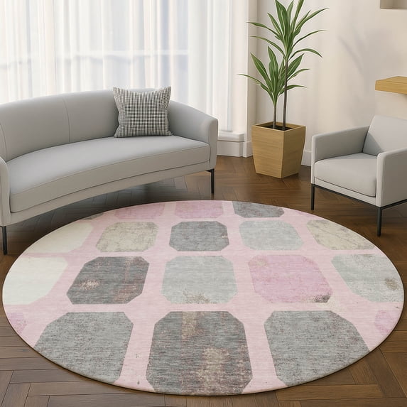 Addison Rugs Mayfield Premium Machine Washable Transitional Geometric Pink Round Rug, 8' x 8'