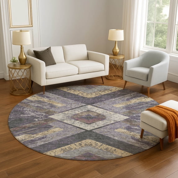 Addison Rugs Mayfield Premium Machine Washable Transitional Geometric Purple Round Rug, 8' x 8'