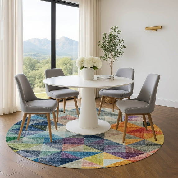 Addison Rugs Mayfield Premium Machine Washable Transitional Geometric Putty Round Rug, 8' x 8'