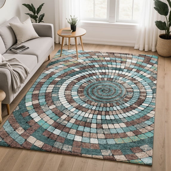 Addison Rugs Mayfield Premium Machine Washable Transitional Geometric Teal Rectangle Rug, 10' x 14'