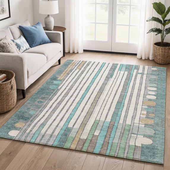 Addison Rugs Mayfield Premium Machine Washable Transitional Geometric Teal Rectangle Rug, 10' x 14'