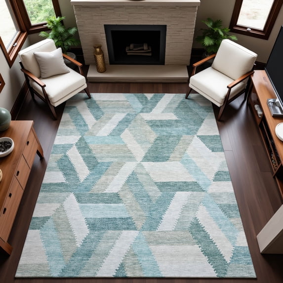 Addison Rugs Mayfield Premium Machine Washable Transitional Geometric Teal Rectangle Rug, 10' x 14'