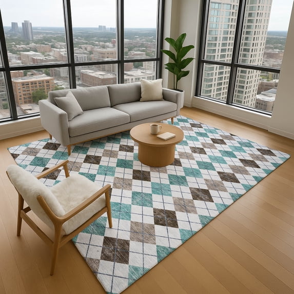 Addison Rugs Mayfield Premium Machine Washable Transitional Geometric Teal Rectangle Rug, 5' x 7'6"