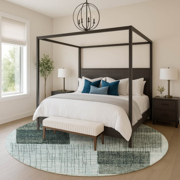 Addison Rugs Mayfield Premium Machine Washable Transitional Geometric Teal Round Rug, 8' x 8'
