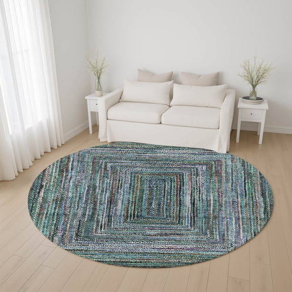 Addison Rugs Mayfield Premium Machine Washable Transitional Geometric Teal Round Rug, 8' x 8'