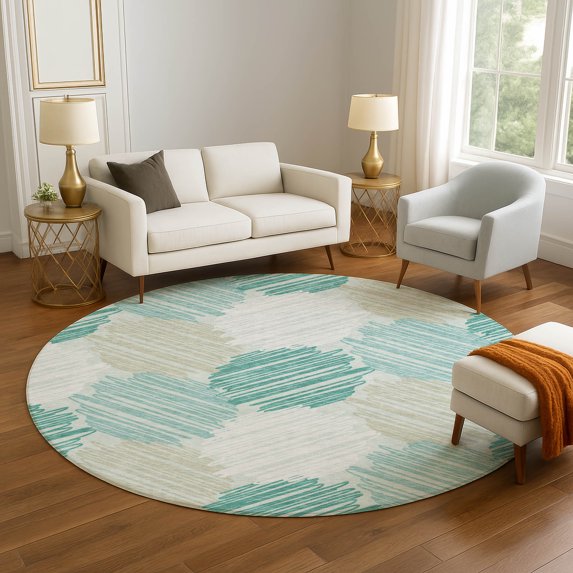 Addison Rugs Mayfield Premium Machine Washable Transitional Geometric Teal Round Rug, 8' x 8'