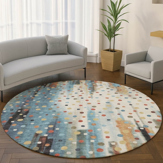 Addison Rugs Mayfield Premium Machine Washable Transitional Geometric Teal Round Rug, 8' x 8'