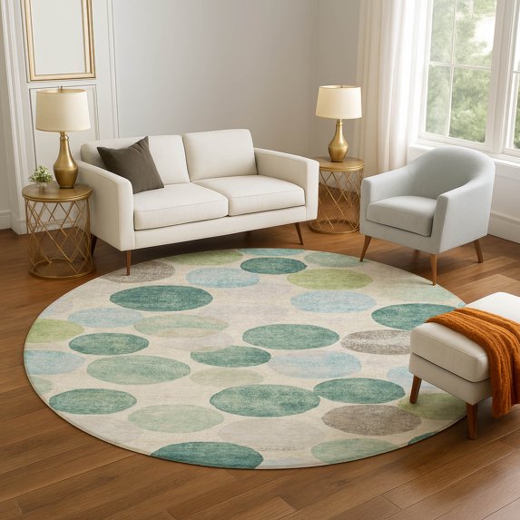 Addison Rugs Mayfield Premium Machine Washable Transitional Geometric Teal Round Rug, 8' x 8'