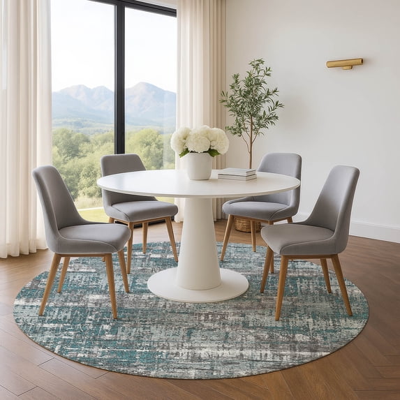 Addison Rugs Mayfield Premium Machine Washable Transitional Geometric Teal Round Rug, 8' x 8'