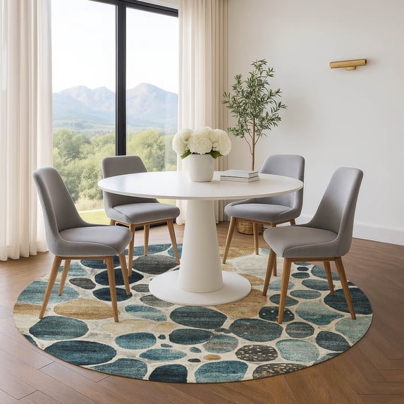 Addison Rugs Mayfield Premium Machine Washable Transitional Geometric Teal Round Rug, 8' x 8'