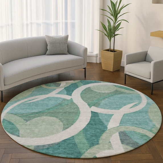 Addison Rugs Mayfield Premium Machine Washable Transitional Geometric Teal Round Rug, 8' x 8'