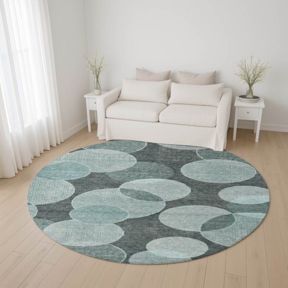 Addison Rugs Mayfield Premium Machine Washable Transitional Geometric Teal Round Rug, 8' x 8'