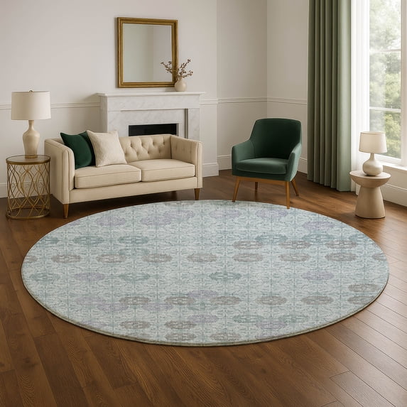 Addison Rugs Mayfield Premium Machine Washable Transitional Geometric Teal Round Rug, 8' x 8'