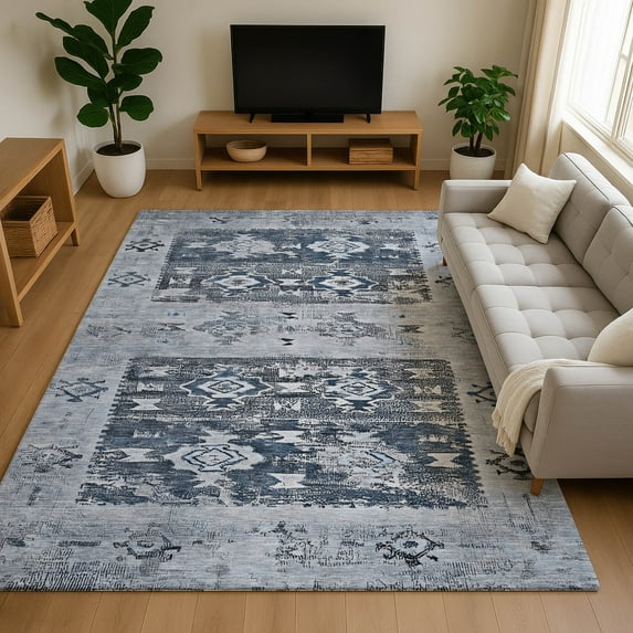 Addison Rugs Mayfield Premium Machine Washable Transitional Global Blue Rectangle Rug, 3' x 5'