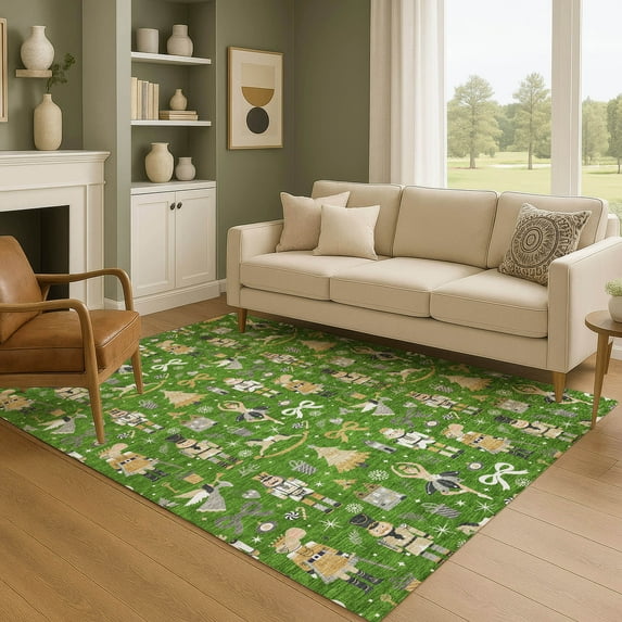 Addison Rugs Mayfield Premium Machine Washable Transitional Holiday Green Rectangle Rug, 3' x 5'