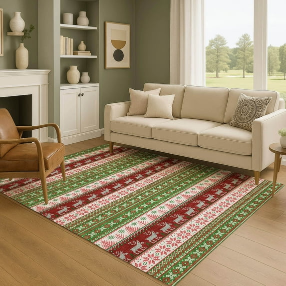 Addison Rugs Mayfield Premium Machine Washable Transitional Holiday Green Rectangle Rug, 8' x 10'