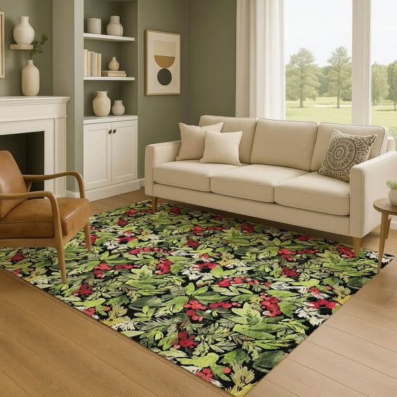 Addison Rugs Mayfield Premium Machine Washable Transitional Holiday Holly Black Rectangle Rug, 10' x 14'