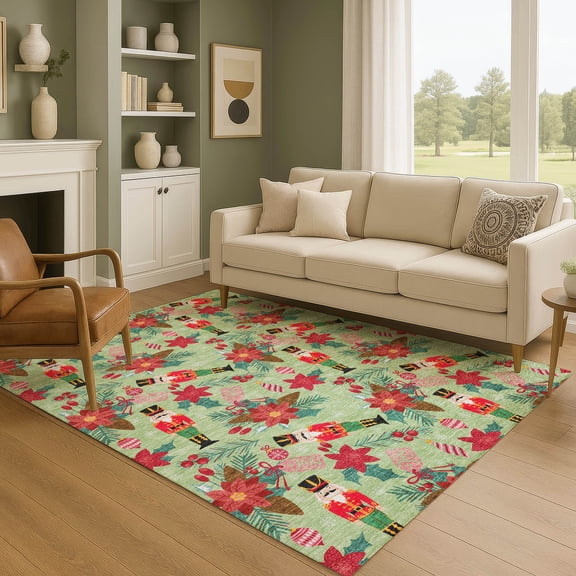 Addison Rugs Mayfield Premium Machine Washable Transitional Holiday Nutcracker Aloe Rectangle Rug, 8' x 10'