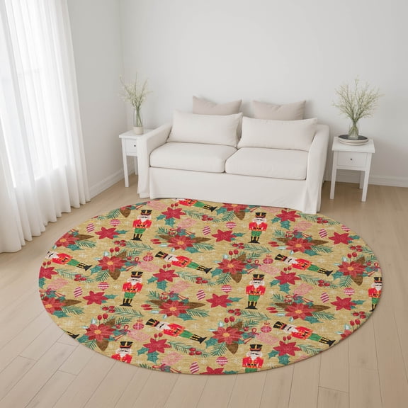 Addison Rugs Mayfield Premium Machine Washable Transitional Holiday Nutcracker Gold Round Rug, 8' x 8'