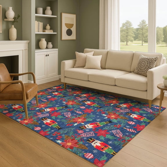 Addison Rugs Mayfield Premium Machine Washable Transitional Holiday Nutcracker Navy Rectangle Rug, 5' x 7'6"