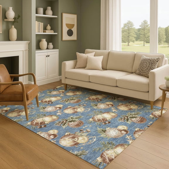 Addison Rugs Mayfield Premium Machine Washable Transitional Holiday Ornament Denim Rectangle Rug, 9' x 12'