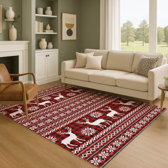 Addison Rugs Mayfield Premium Machine Washable Transitional Holiday Red Rectangle Rug, 3' x 5'