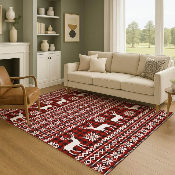 Addison Rugs Mayfield Premium Machine Washable Transitional Holiday Red Rectangle Rug, 9' x 12'