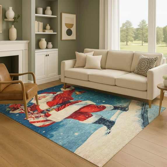 Addison Rugs Mayfield Premium Machine Washable Transitional Holiday Santa Blue Rectangle Rug, 3' x 5'