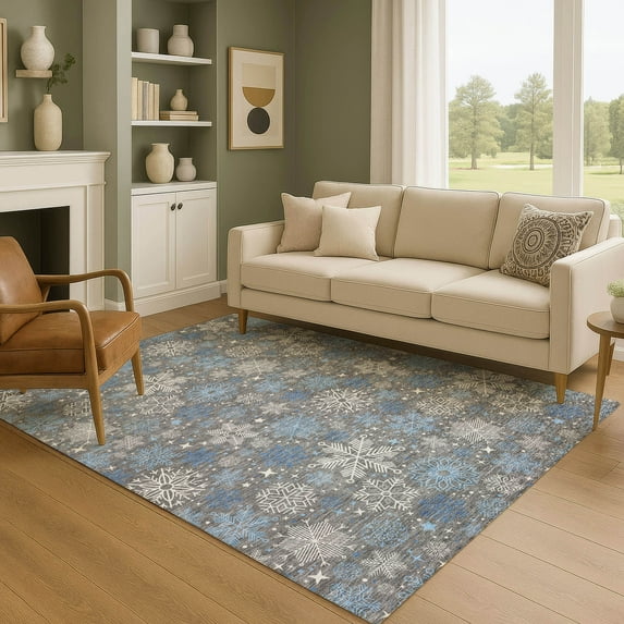 Addison Rugs Mayfield Premium Machine Washable Transitional Holiday Snowflake Gray Rectangle Rug, 5' x 7'6"