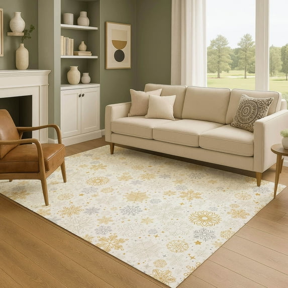 Addison Rugs Mayfield Premium Machine Washable Transitional Holiday Snowflake Ivory Rectangle Rug, 10' x 14'