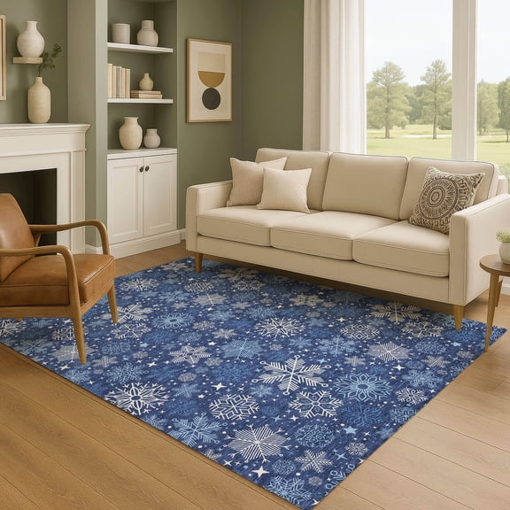 Addison Rugs Mayfield Premium Machine Washable Transitional Holiday Snowflake Navy Rectangle Rug, 10' x 14'