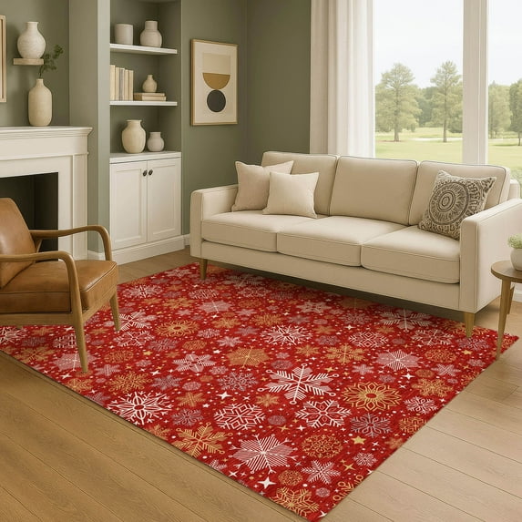 Addison Rugs Mayfield Premium Machine Washable Transitional Holiday Snowflake Red Rectangle Rug, 3' x 5'