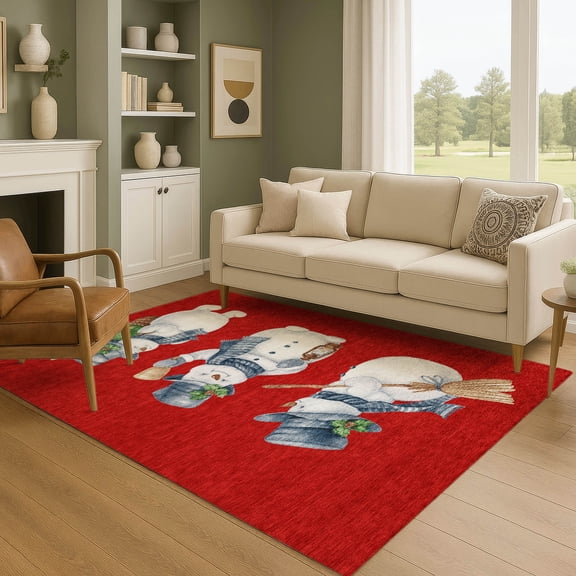 Addison Rugs Mayfield Premium Machine Washable Transitional Holiday Snowman Red Rectangle Rug, 10' x 14'