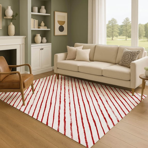 Addison Rugs Mayfield Premium Machine Washable Transitional Holiday Stripe Red Rectangle Rug, 3' x 5'